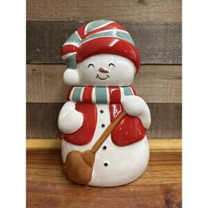 Snowman Cookie Jar red & green sock hat And scarf 10.5”